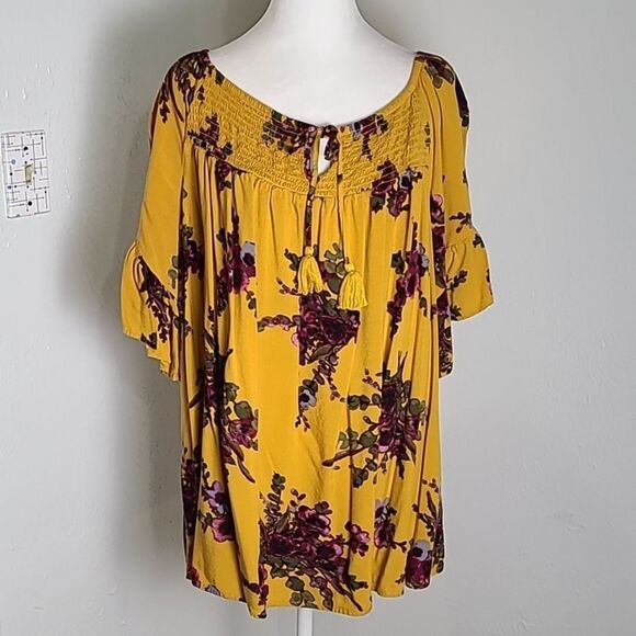 Terra & Sky Gold with Purple Flowers, Short Ruffled Bell Sleeves Tie Front Sz 1X - Picture 1 of 8